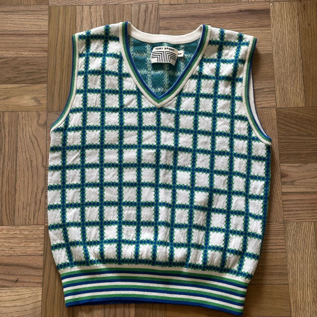 Tory Sport Green & White Checked V-Neck Light Weight Soft Wool Sweater Vest